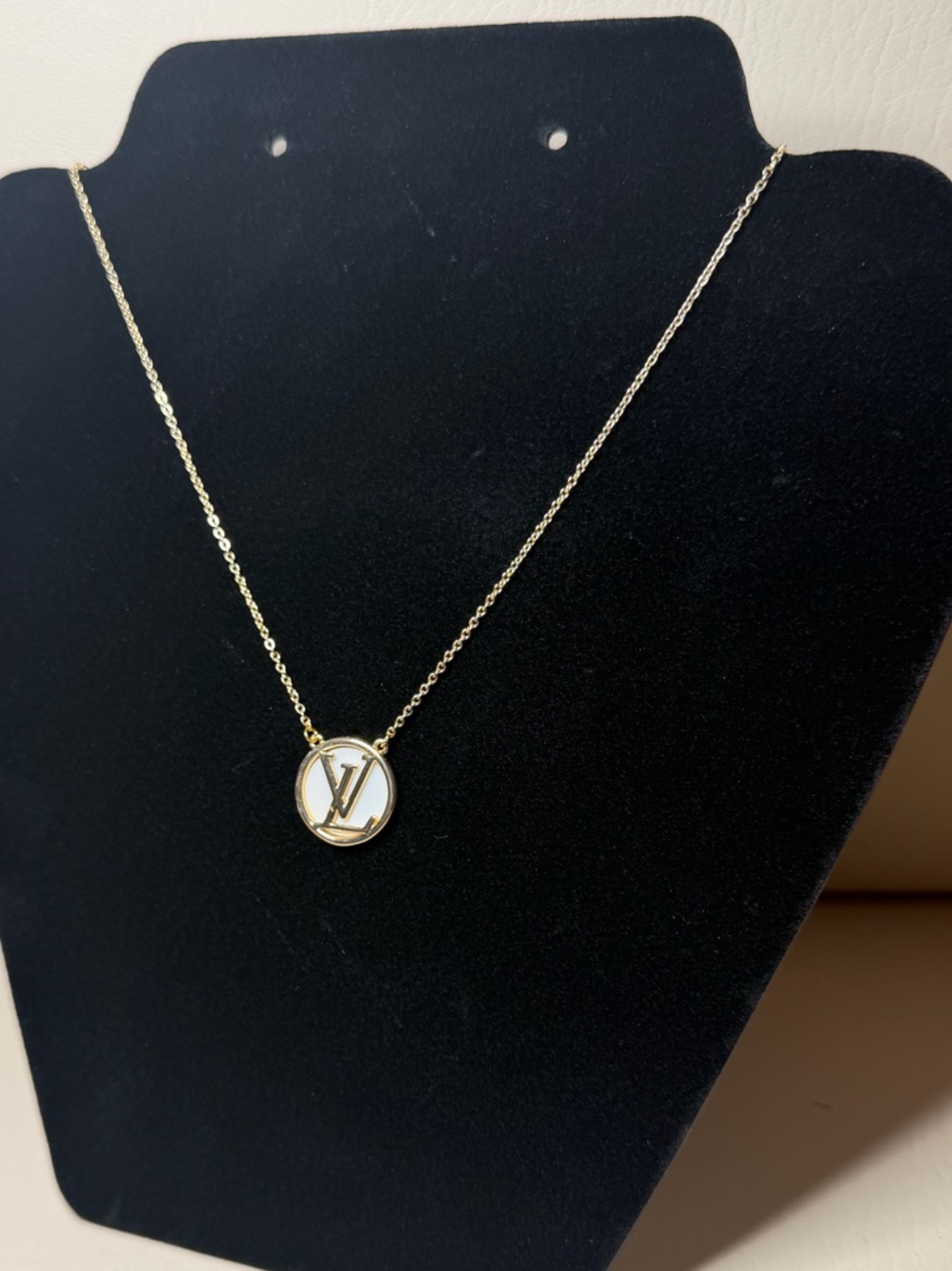 LV Lettered White Embossed Monogram Gold tone Chain and Pendant